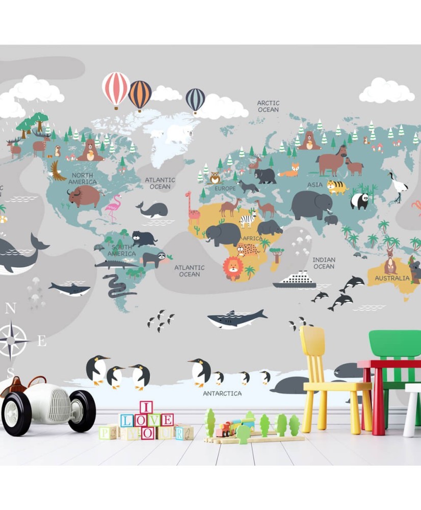 Fototapetai - Žalsvas gyvūnų pasaulio žemėlapis anglų kalba