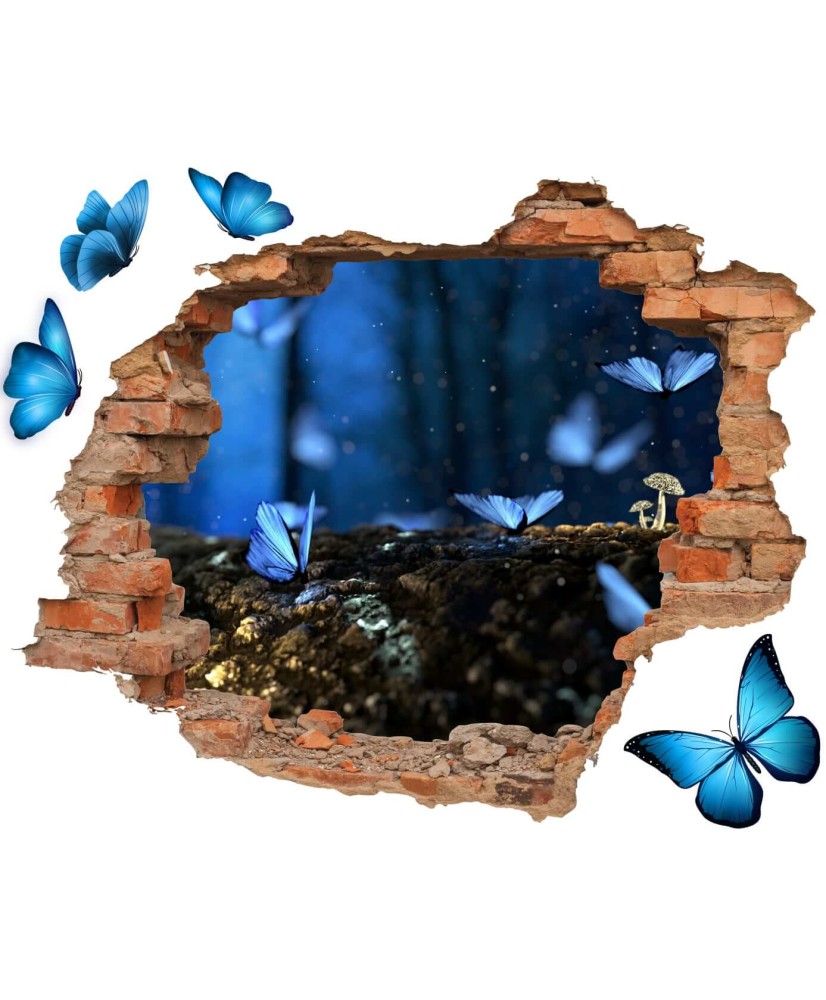3D sienų lipdukas mėlyni drugeliai su skylės efektu