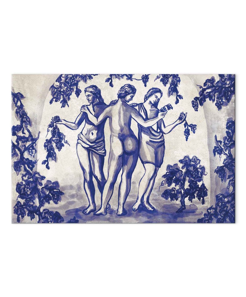 Paveikslas Senovinis vynuogynas: trys moterys mėlyno rašalo tapyboje