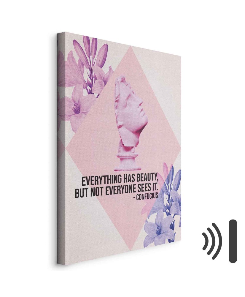 Paveikslas Grožio žvilgsnis: įkvepianti citata su rožiniu biustu ir gėlėmis