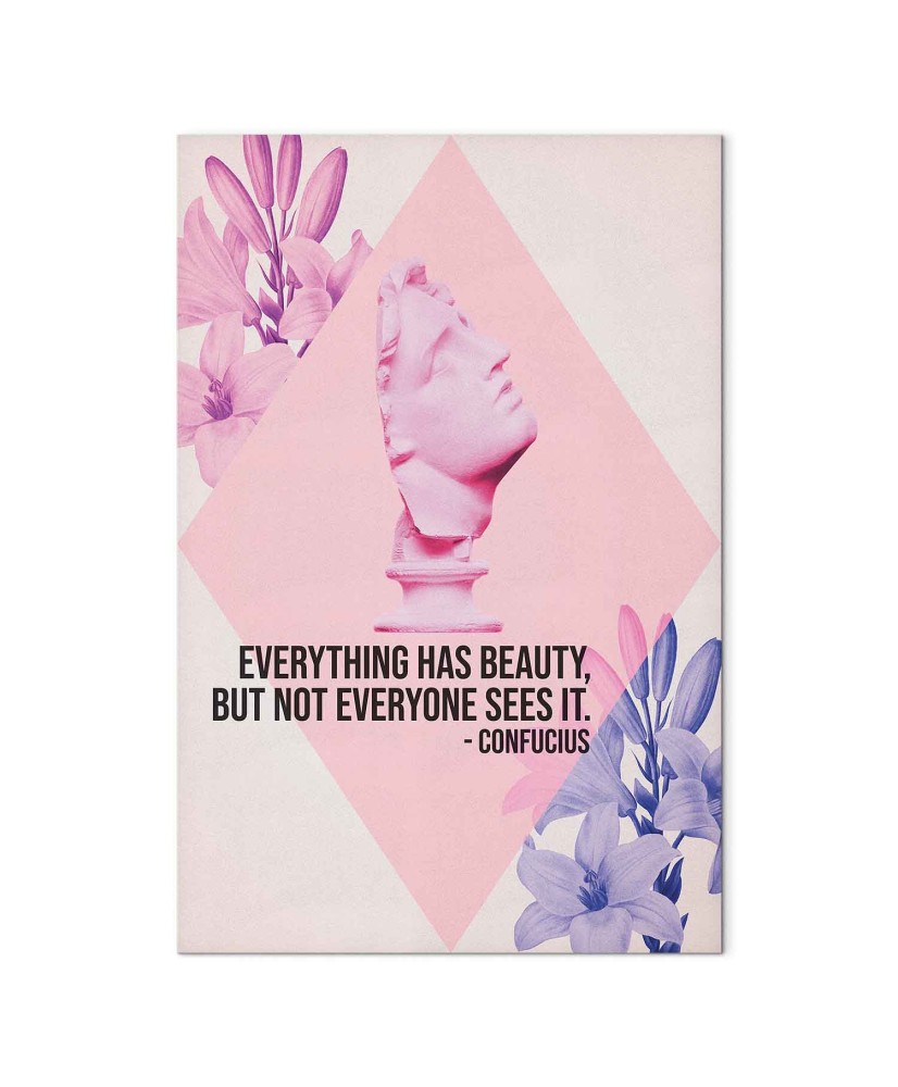 Paveikslas Grožio žvilgsnis: įkvepianti citata su rožiniu biustu ir gėlėmis