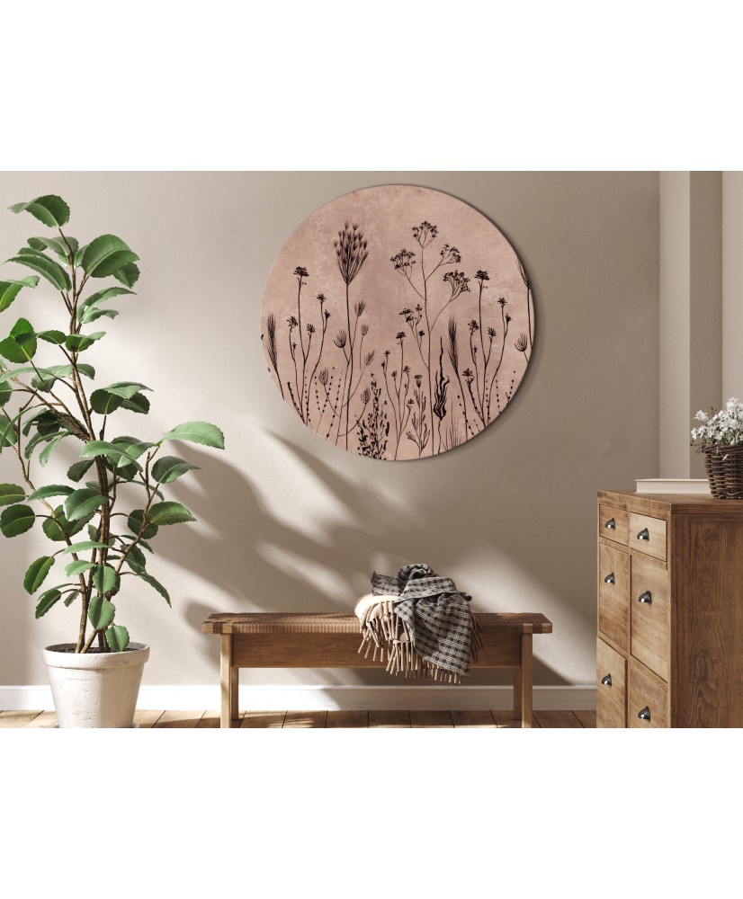 Apvalus paveikslas ant drobės - Laukų gėlės kalkinto fono fone