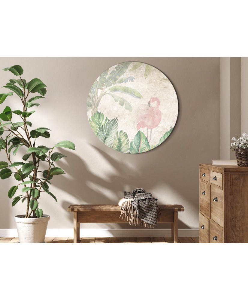 Apvalus paveikslas ant drobės - Flamingai tropinės žalumos apsuptyje