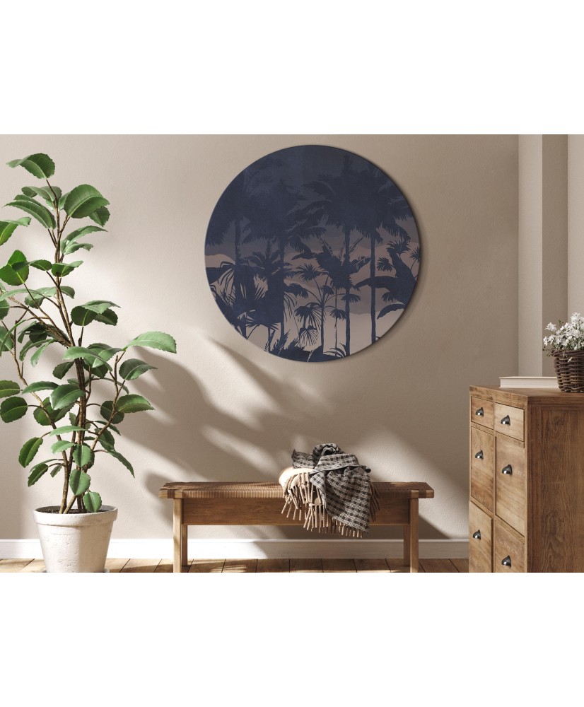 Apvalus paveikslas ant drobės - Vakaro džiunglės kalnų fone