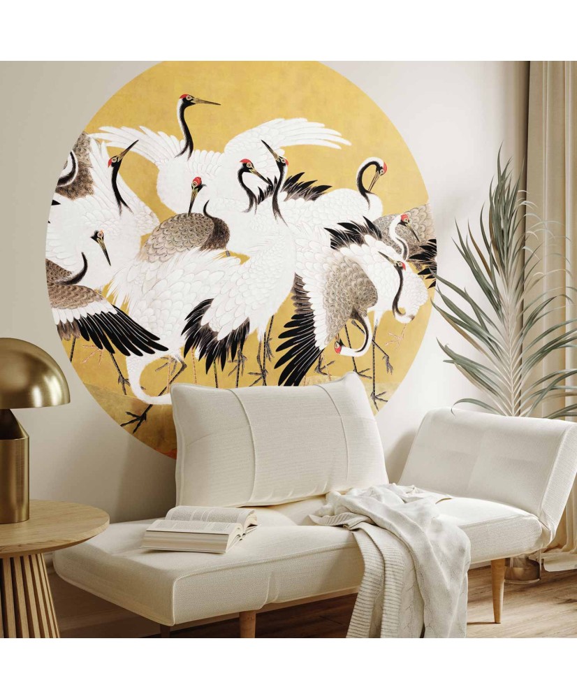 Apvalūs fototapetai - Japoniškos gervės aukso fone