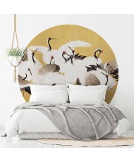 Apvalūs fototapetai - Japoniškos gervės aukso fone