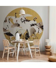 Apvalūs fototapetai - Japoniškos gervės aukso fone