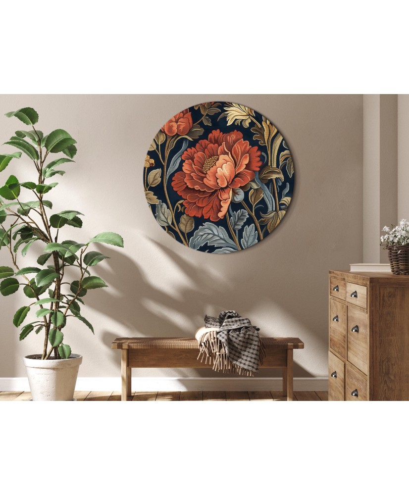 Apvalus paveikslas ant drobės - Didelės retro gėlės gobeleno stiliumi