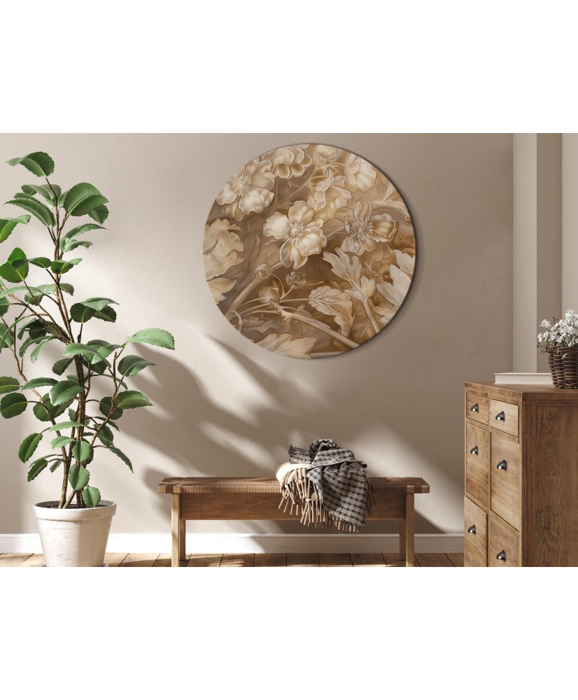 Apvalus paveikslas ant drobės - Augaliniai ornamentai sepijos tonais