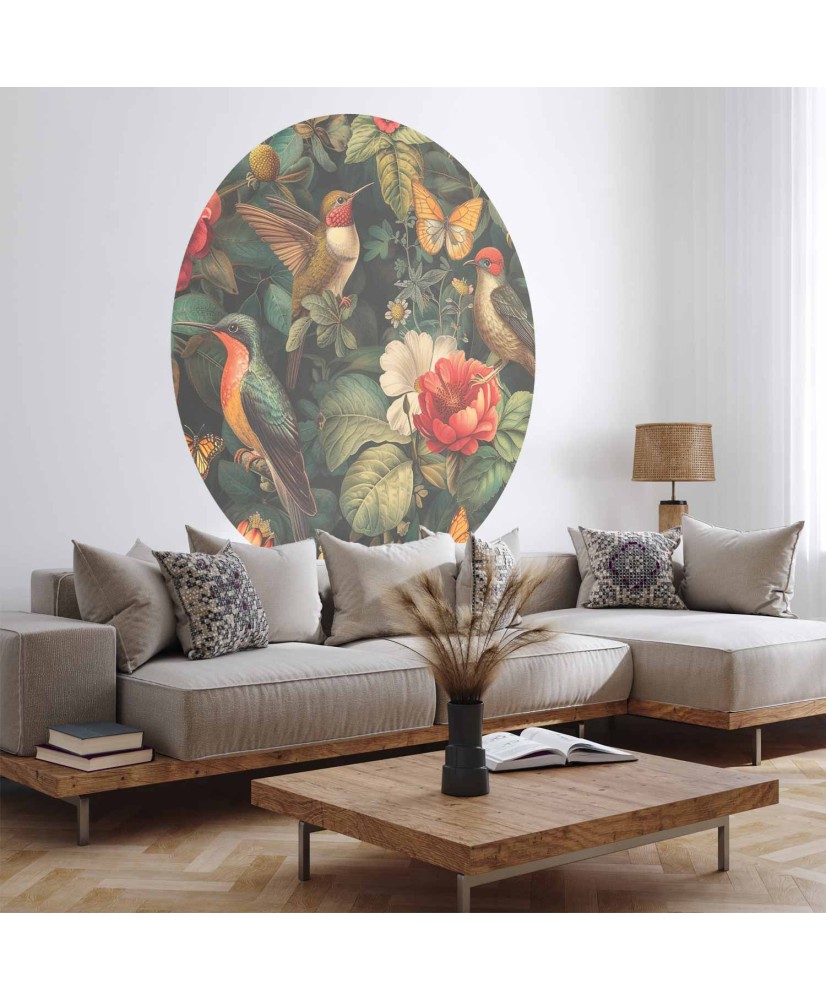 Apvalūs fototapetai - Gėlės, paukščiai ir drugeliai vintažiniu stiliumi