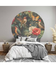 Apvalūs fototapetai - Gėlės, paukščiai ir drugeliai vintažiniu stiliumi