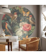 Apvalūs fototapetai - Gėlės, paukščiai ir drugeliai vintažiniu stiliumi