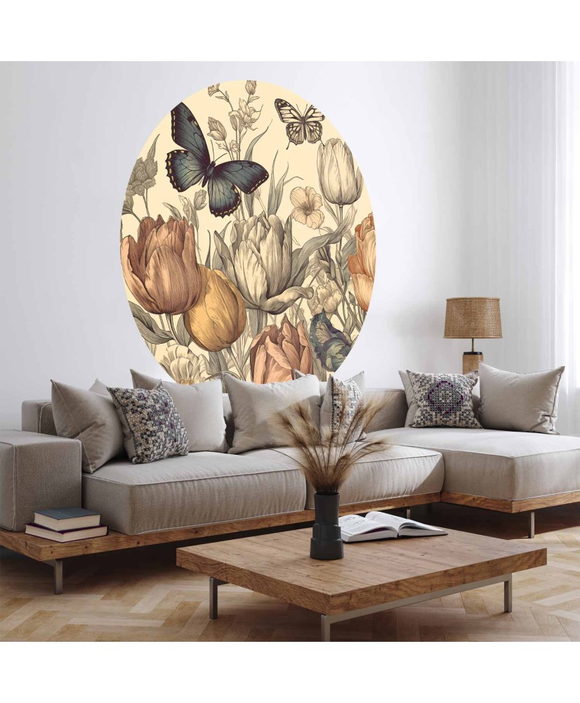 Apvalūs fototapetai - Spalvingos tulpės kreminiame fone