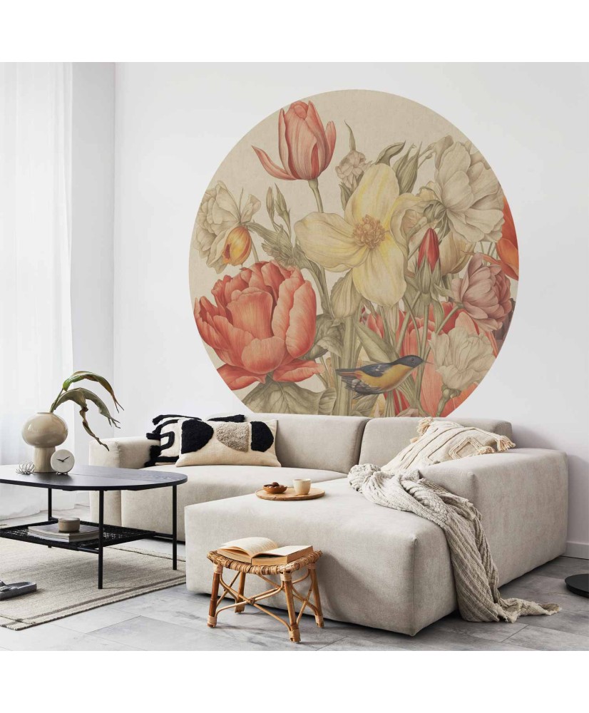 Apvalūs fototapetai - Gėlių puokštė kreminiame fone