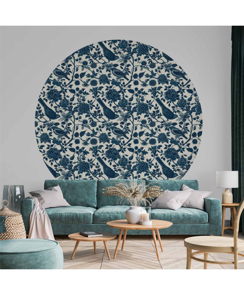 Apvalūs fototapetai - Paukščiai ir rožės mėlyname rašte