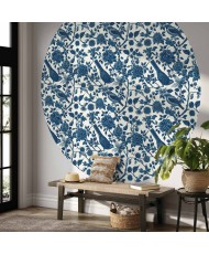 Apvalūs fototapetai - Paukščiai ir rožės mėlyname rašte