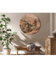 Apvalus paveikslas ant drobės - Viduržemio peizažas su kalva ir ežeru