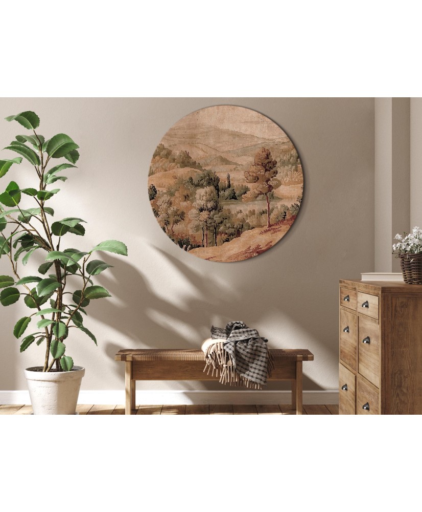 Apvalus paveikslas ant drobės - Viduržemio peizažas su kalva ir ežeru