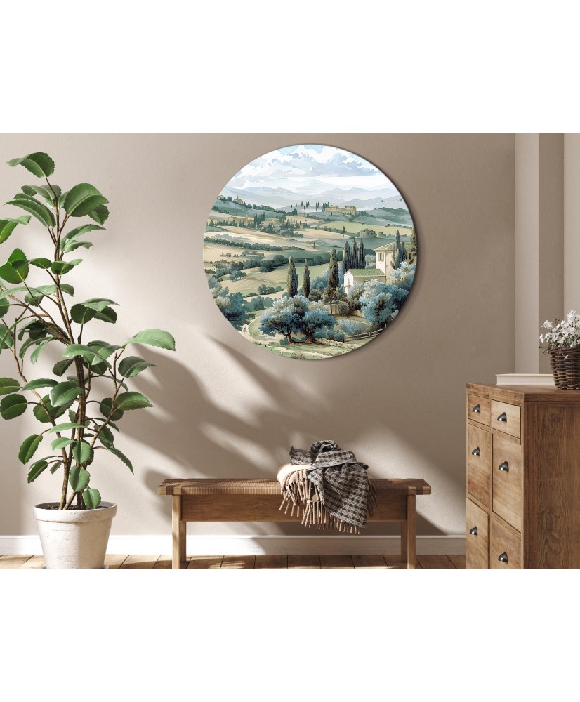 Apvalus paveikslas ant drobės - Saulėti žali laukai