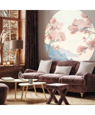 Apvalūs fototapetai - Vandenynas, uolos ir medžiai pastelinių tonų fone