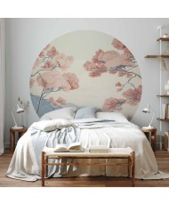 Apvalūs fototapetai - Vandenynas, uolos ir medžiai pastelinių tonų fone