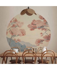 Apvalūs fototapetai - Vandenynas, uolos ir medžiai pastelinių tonų fone