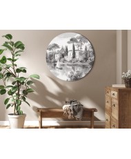 Apvalus paveikslas ant drobės - Juodai baltas vintažinis peizažas su tvenkiniu