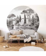 Apvalūs fototapetai - Juodai baltas vintažinis peizažas su tvenkiniu