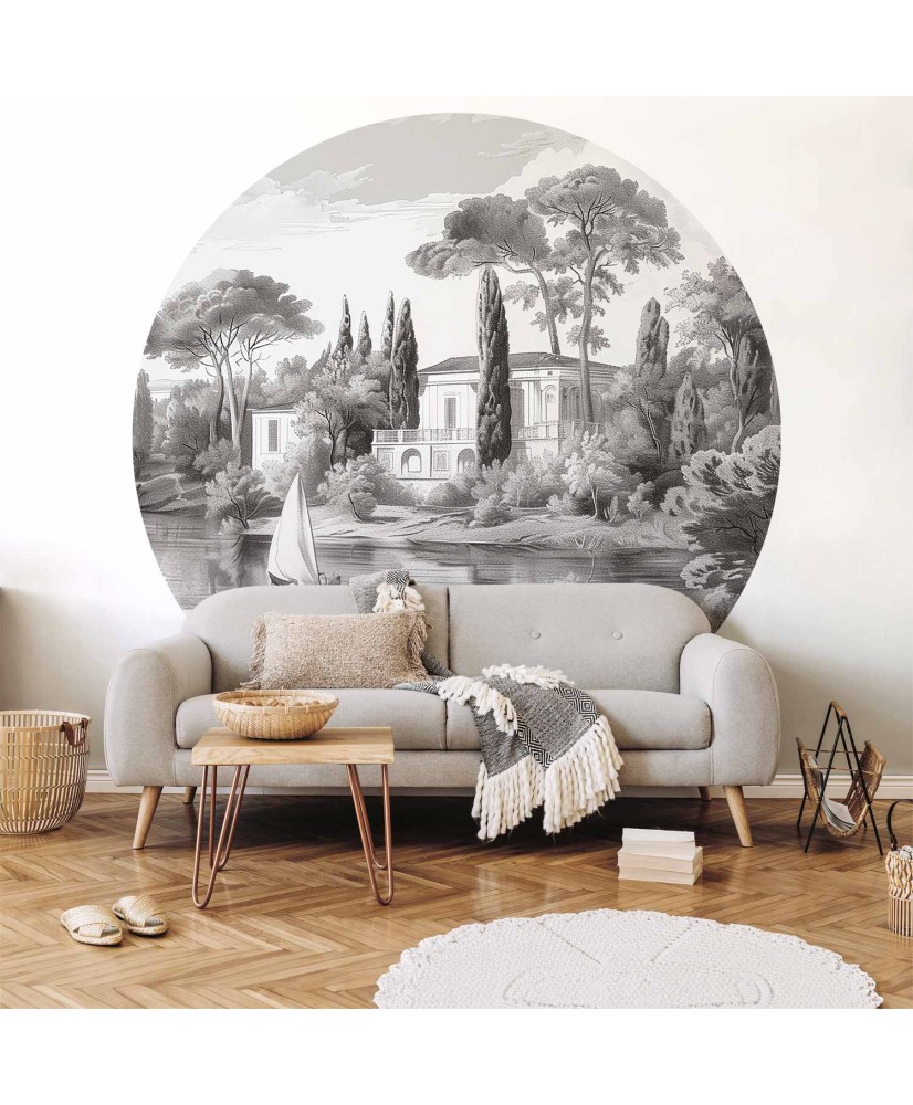 Apvalūs fototapetai - Juodai baltas vintažinis peizažas su tvenkiniu