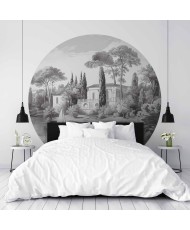 Apvalūs fototapetai - Juodai baltas vintažinis peizažas su tvenkiniu