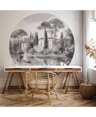 Apvalūs fototapetai - Juodai baltas vintažinis peizažas su tvenkiniu