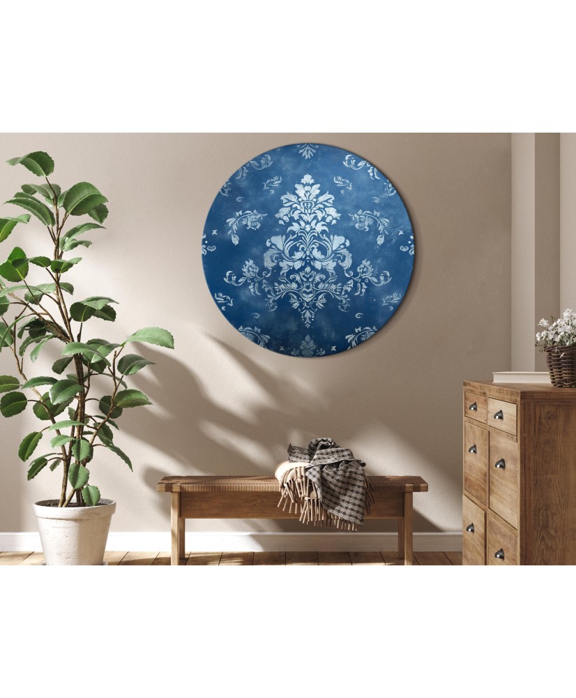 Apvalus paveikslas ant drobės - Retro ornamentas blukusio mėlio tonais