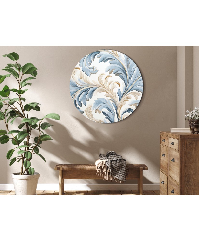 Apvalus paveikslas ant drobės - Šviesūs baroko ornamentai kremiškai mėlyvais tonais