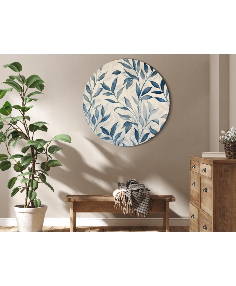 Apvalus paveikslas ant drobės - Subtilus mėlynų lapų motyvas