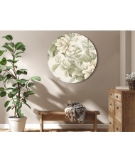 Apvalus paveikslas ant drobės - Vintažinės gėlės kreminiais ir žaliais tonais