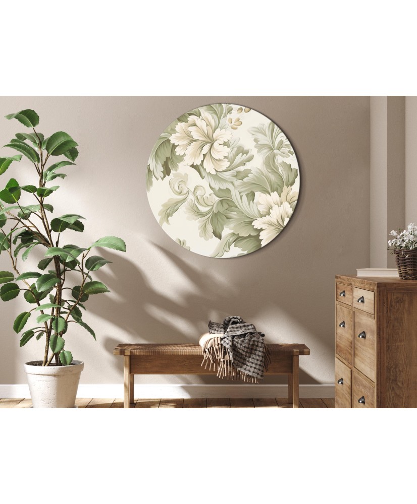 Apvalus paveikslas ant drobės - Vintažinės gėlės kreminiais ir žaliais tonais