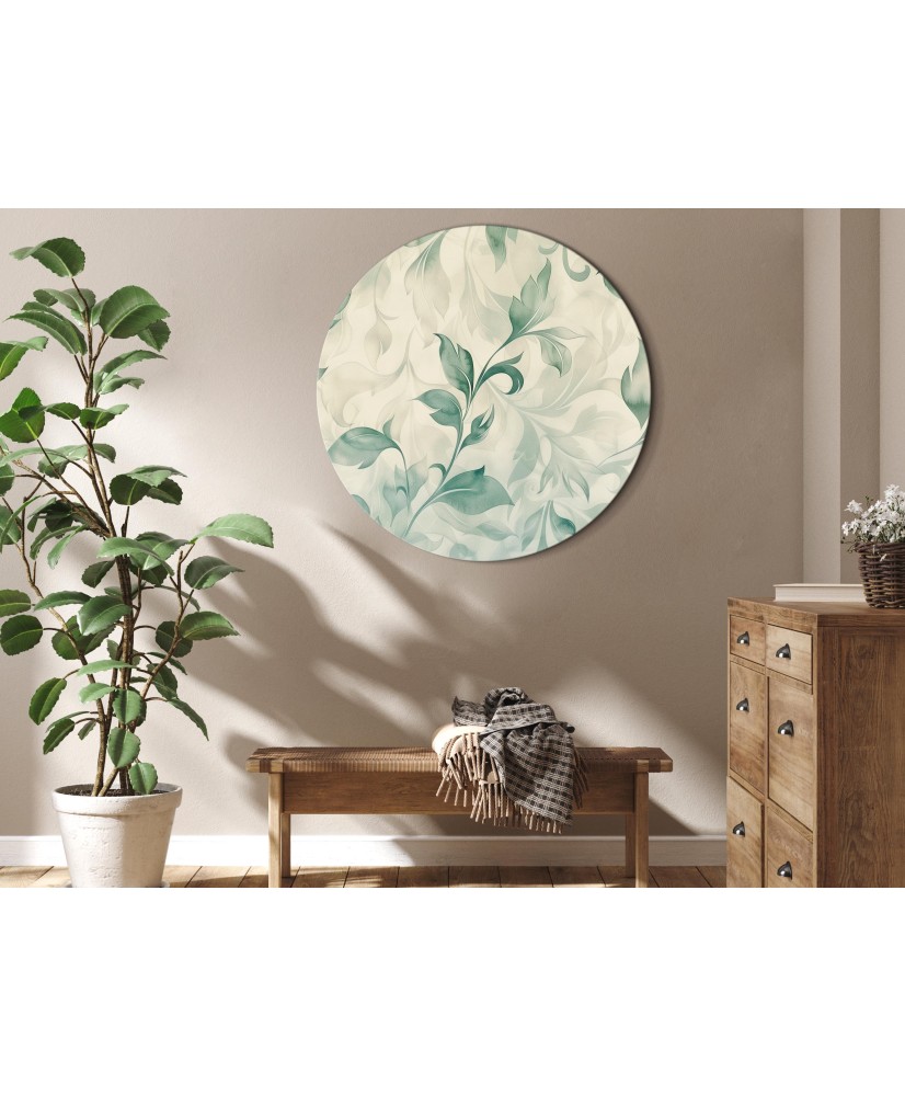 Apvalus paveikslas ant drobės - Akvareliniai žalsvai smėliniai lapai