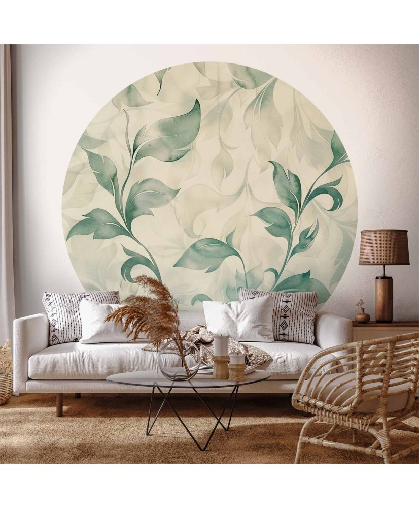 Apvalūs fototapetai - Akvareliniai žali ir smėliniai lapai