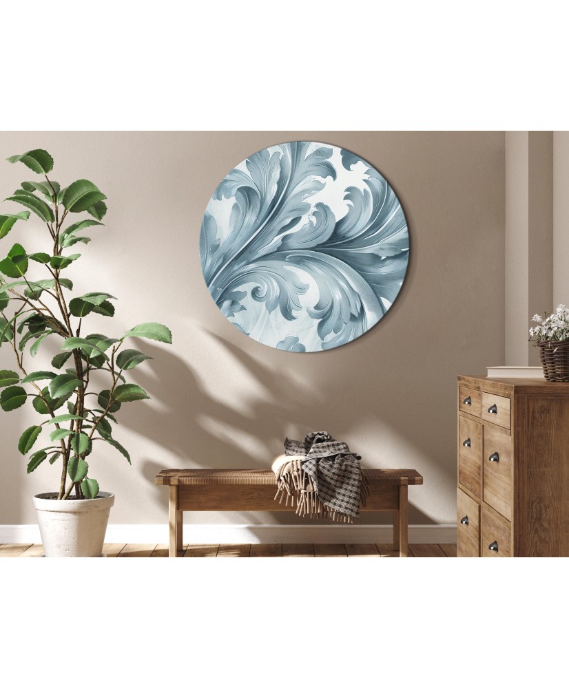 Apvalus paveikslas ant drobės - Akmens baroko ornamentai pilkai mėlyvais tonais