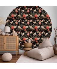 Apvalūs fototapetai - Ornamentas su gervėmis ir peonijomis