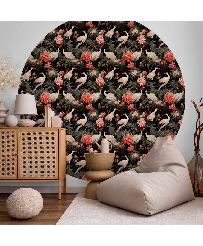 Apvalūs fototapetai - Ornamentas su gervėmis ir peonijomis