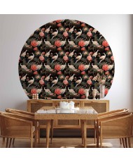 Apvalūs fototapetai - Ornamentas su gervėmis ir peonijomis