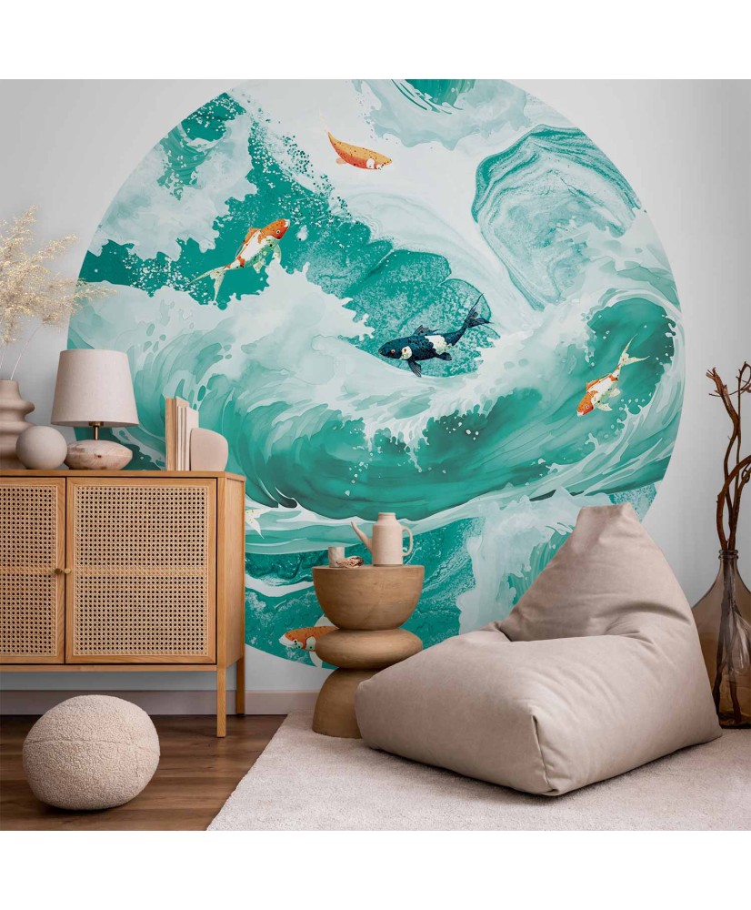 Apvalūs fototapetai - Žuvys ir bangos