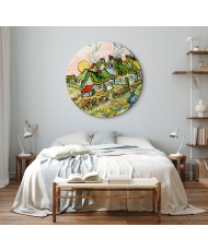 Apvalus paveikslas ant drobės - Vincent van Gogh Šiaudiniai nameliai saulėje
