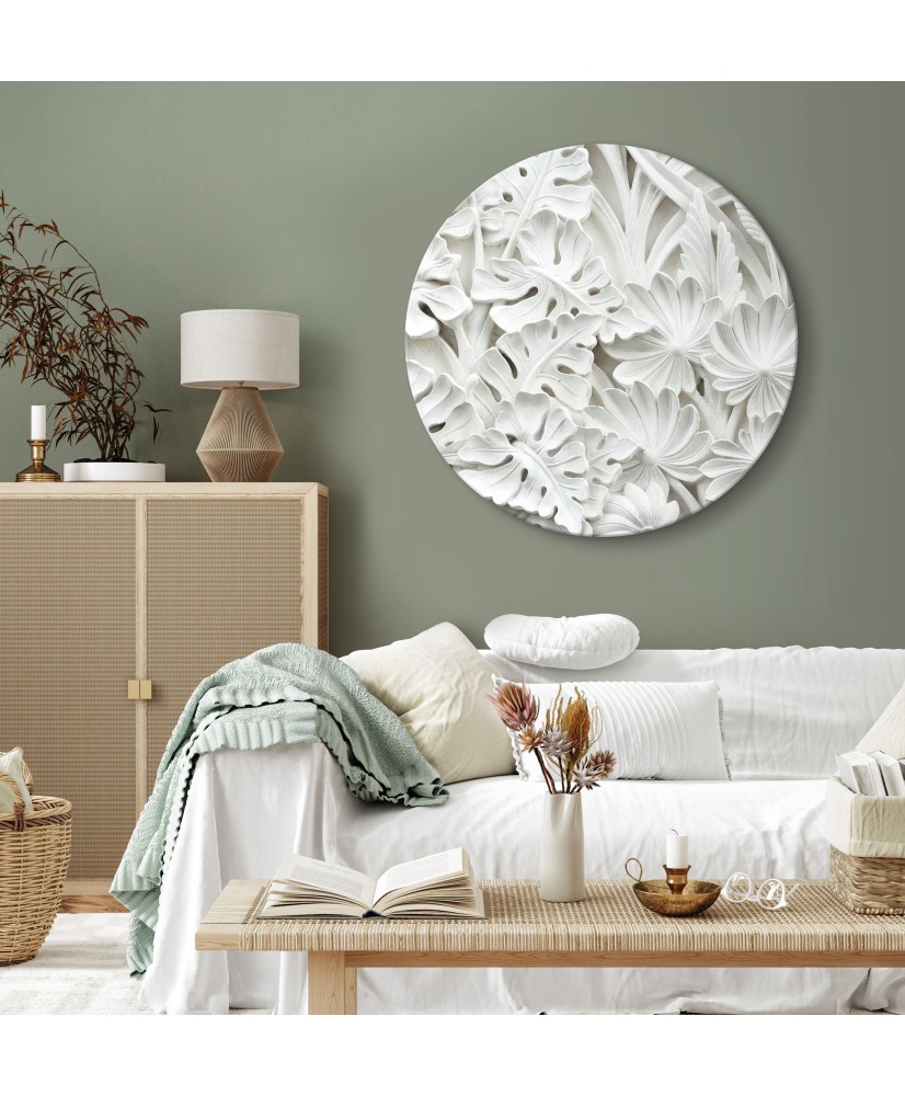 Apvalus paveikslas ant drobės - Raižyti balti akmens lapai