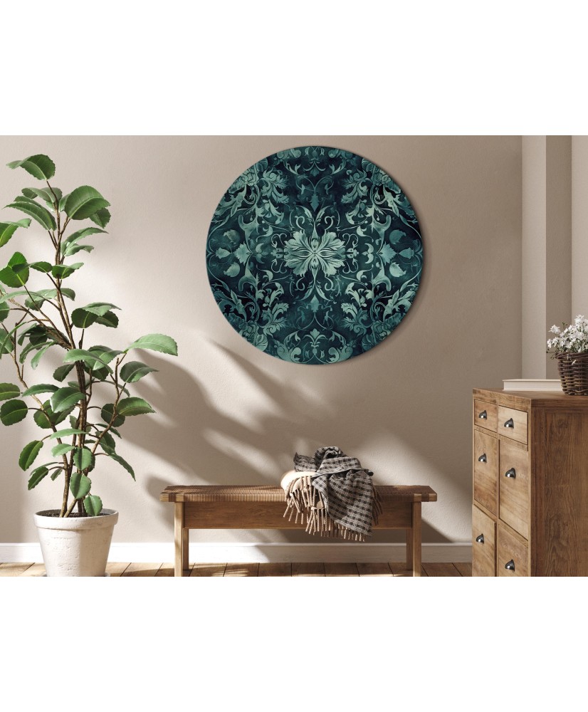 Apvalus paveikslas ant drobės - Rytietiškas kilimo raštas smaragdo tonais