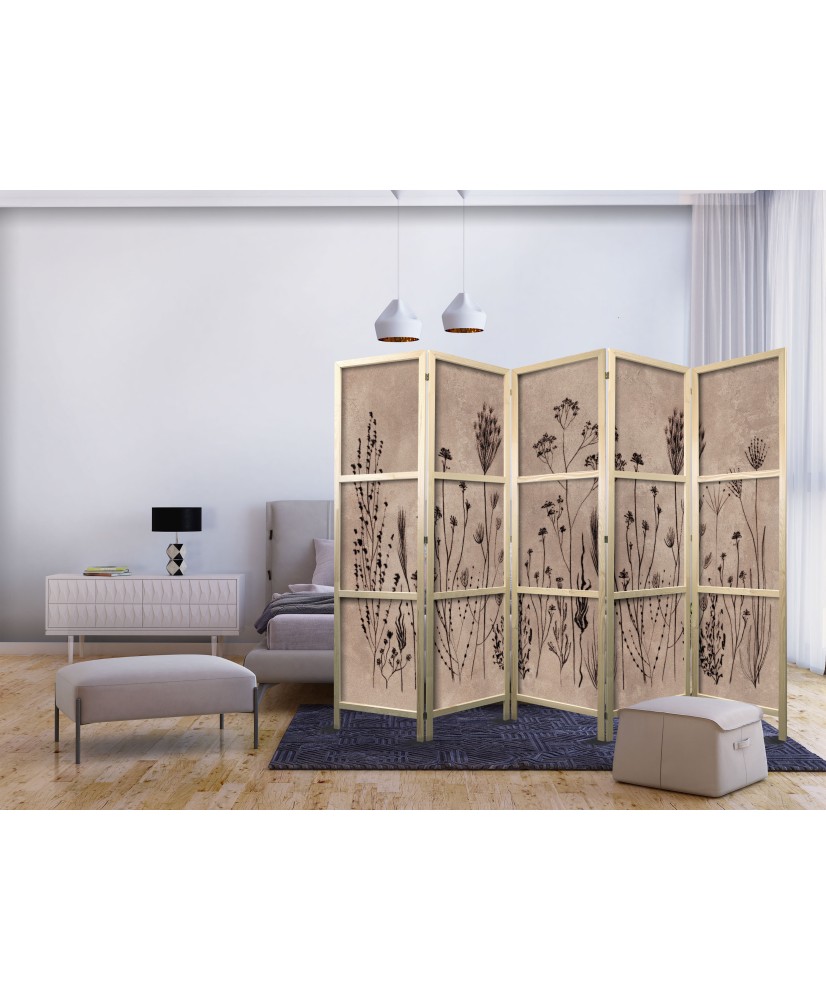 Japoniška kambario pertvara - Vintage augalai - Subtilios pievų gėlės kalkinės tekstūros fone