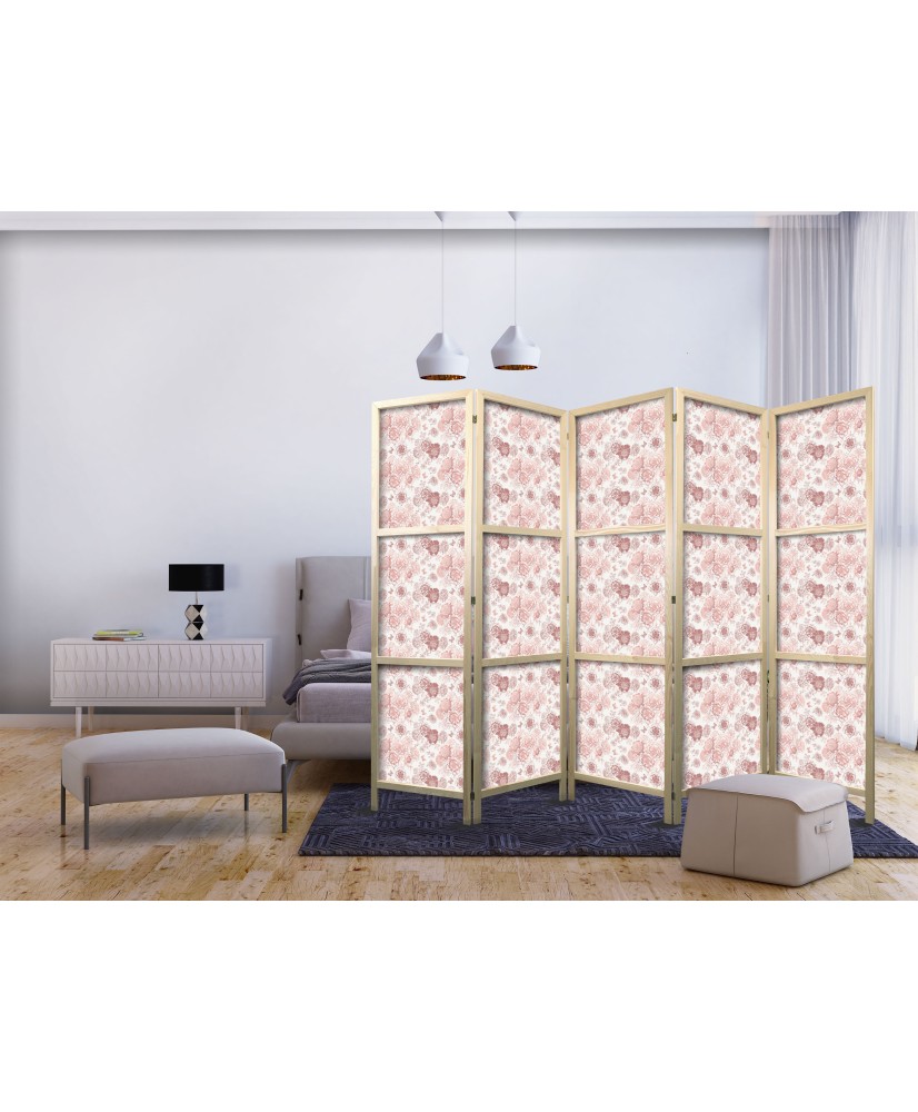 Japoniška kambario pertvara - Rožinis žydėjimas - Šiltų spalvų gėlės baltame fone