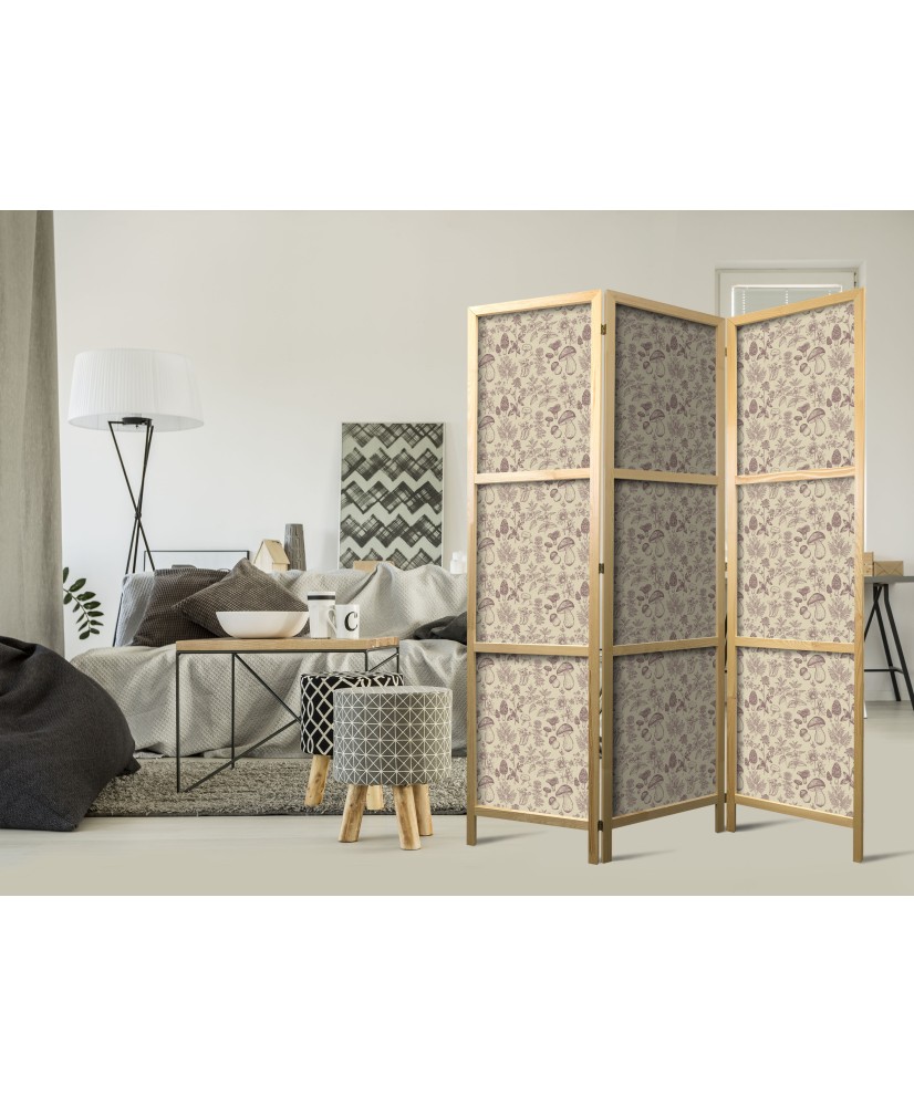 Japoniška kambario pertvara - Miško gamta smėliniais tonais - Grybai, gėlės ir žolelės šviesiame fone