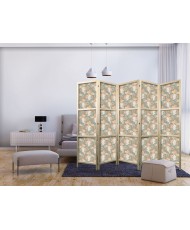 Japoniška kambario pertvara - Mažos puokštės - Egzotinės gėlės ir lapai pilkai žaliame fone